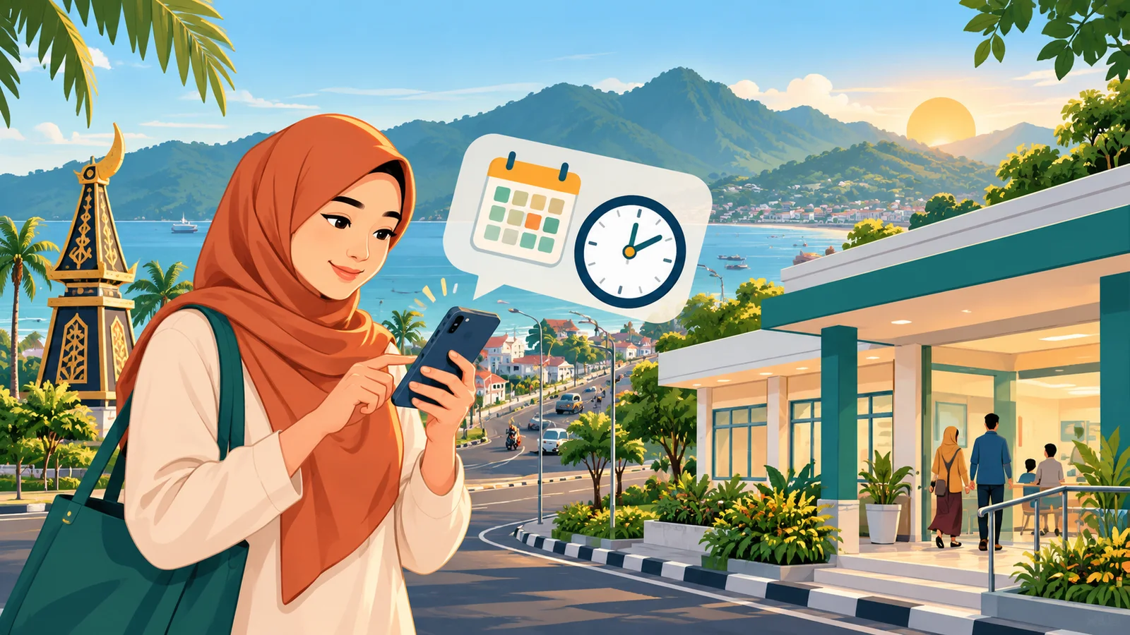 Ilustrasi cek jam operasional Apotek BPJS Palopo melalui peta dan checklist sebelum datang